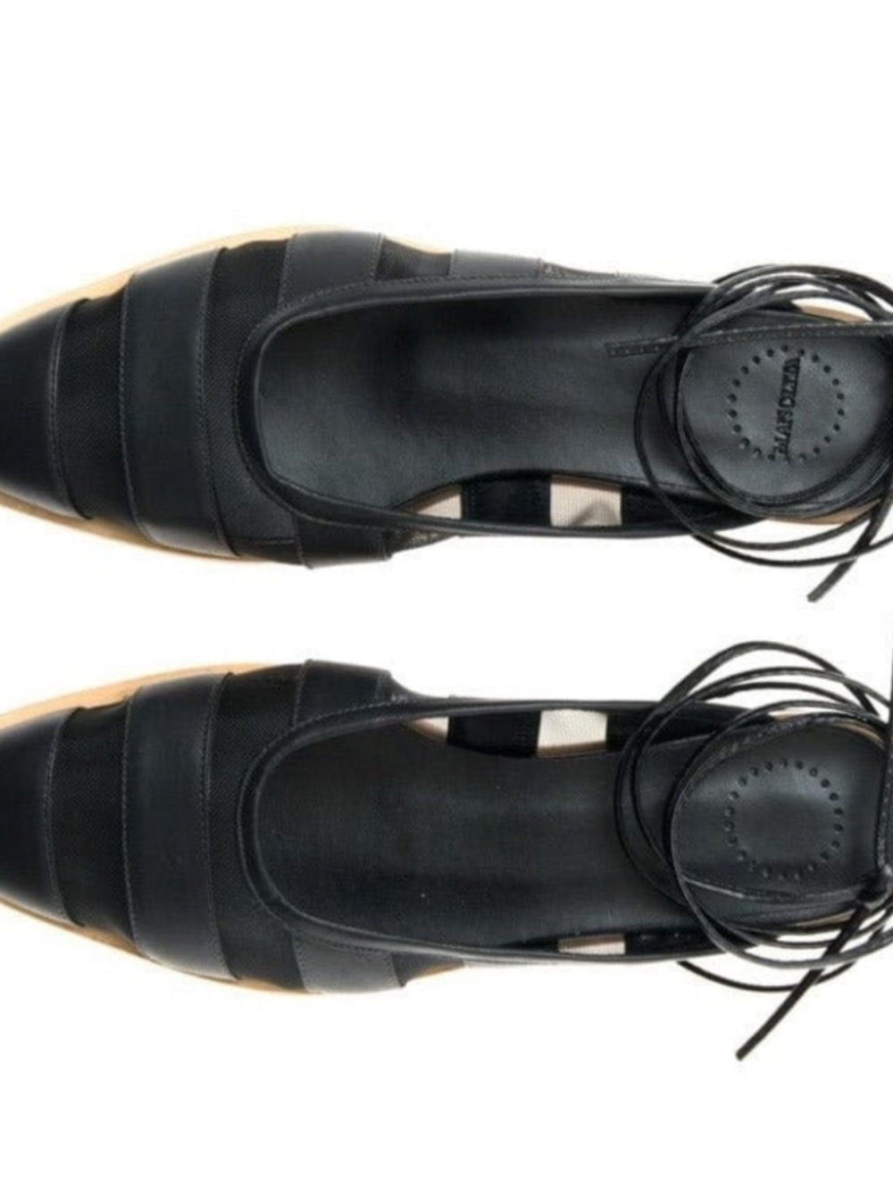 Black Lace-Up Striped Leather Pointed Flats St Tropez in Black
